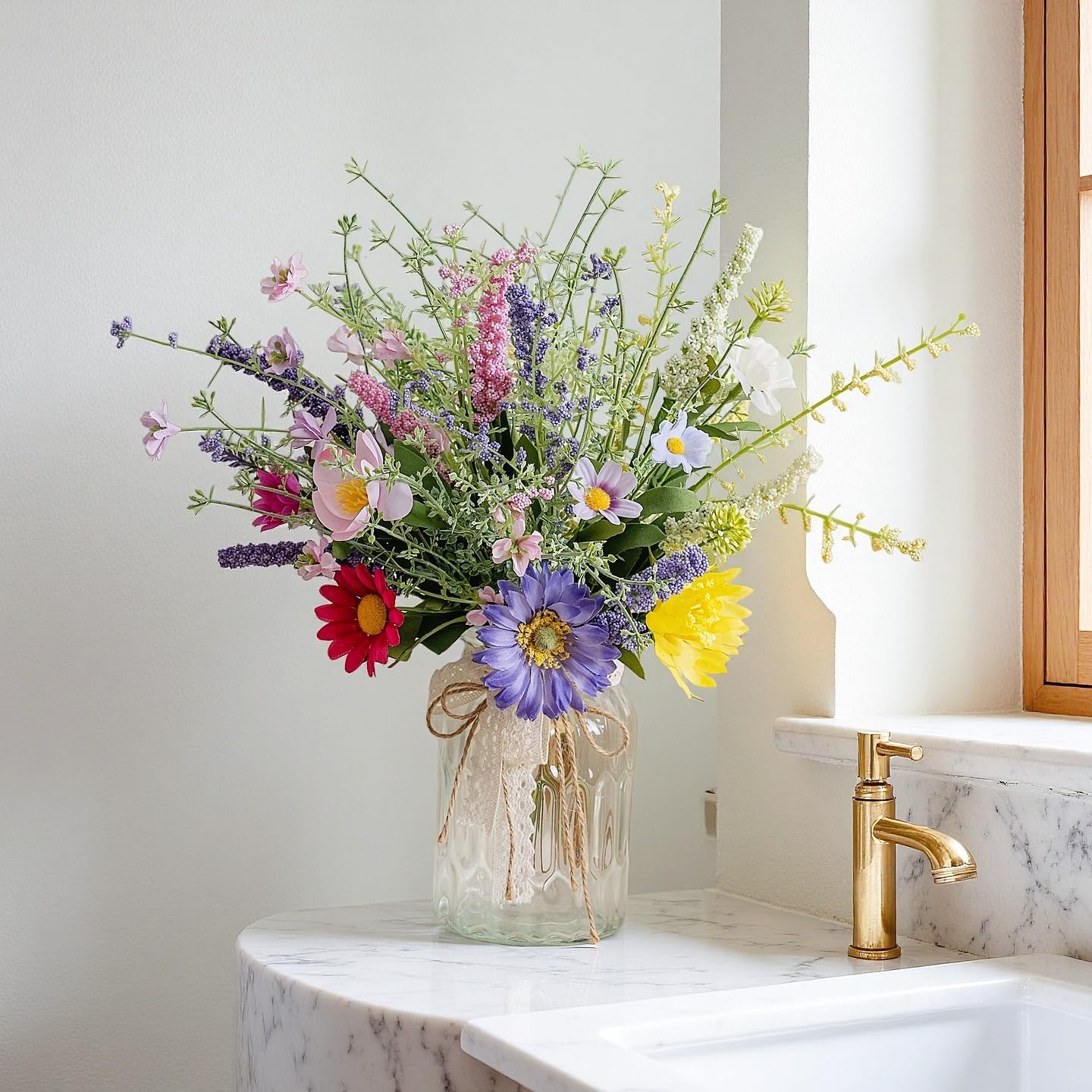LUEUR Artificial Daisy Flowers Fake Silk Spring Colorful Flowers Fake Wildflowers Greenery Shrubs Plastic Plants Arrangements Bouquet for Home Indoor Table Vase Wedding Party Decor