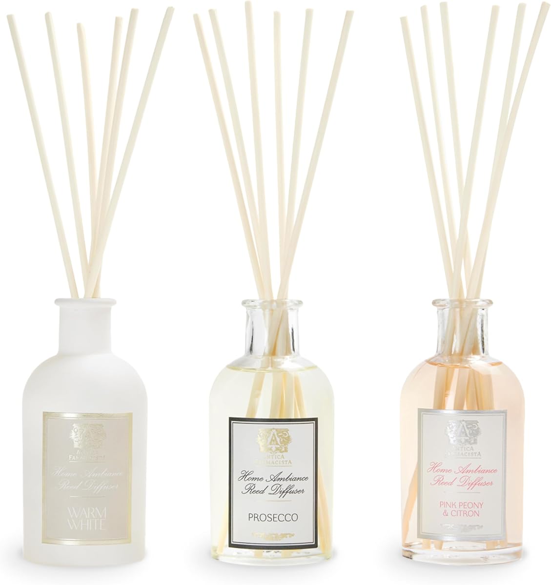 Antica Farmacista Reed Diffuser Gift Box - Includes Prosecco, Warm White & Pink Peony - Luxury Room Freshener for Anniversaries, Birthdays & Holidays - 3.4 fl oz Each