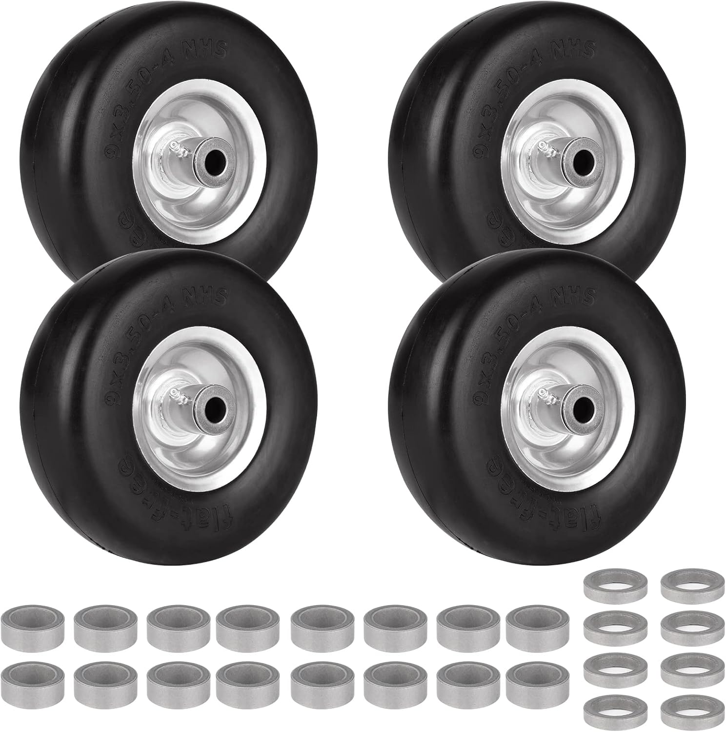 9x3.50-4 Flat Free Smooth Lawnmower Tires and Wheel Assemblies- for Residential & Commercial Wheeled Equipment, 4" Centered Hub, 3/4" Bushings- PU Tire on Wheel & Adapter Kits 4PCS
