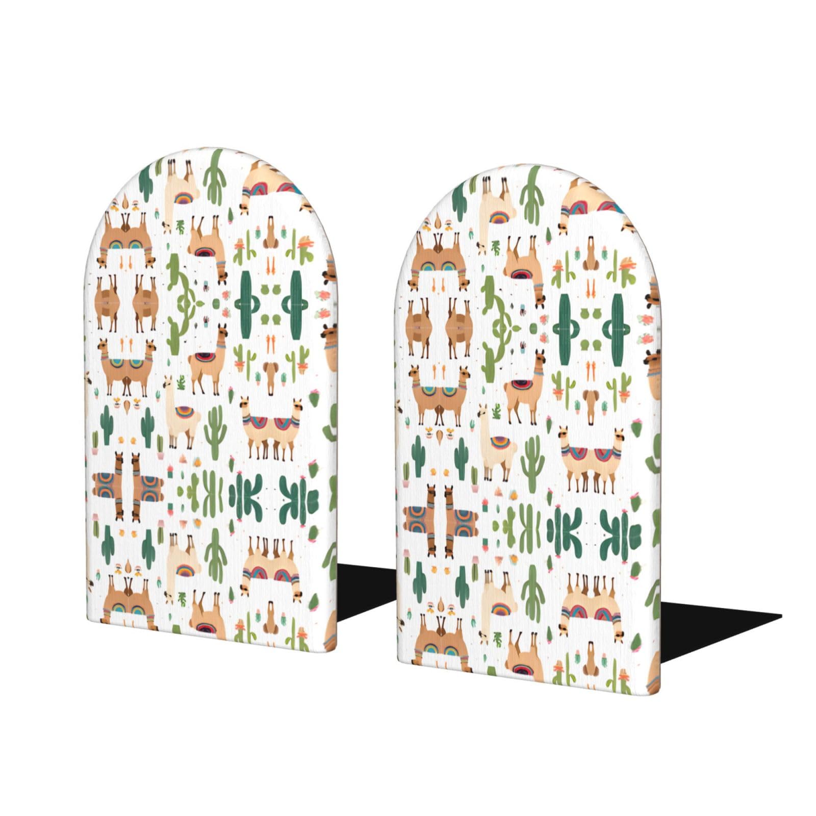 Alpaca Llama Stylish Bookends with Full-Print Design Durable Wooden and Metal Bookend Set for Home, Office