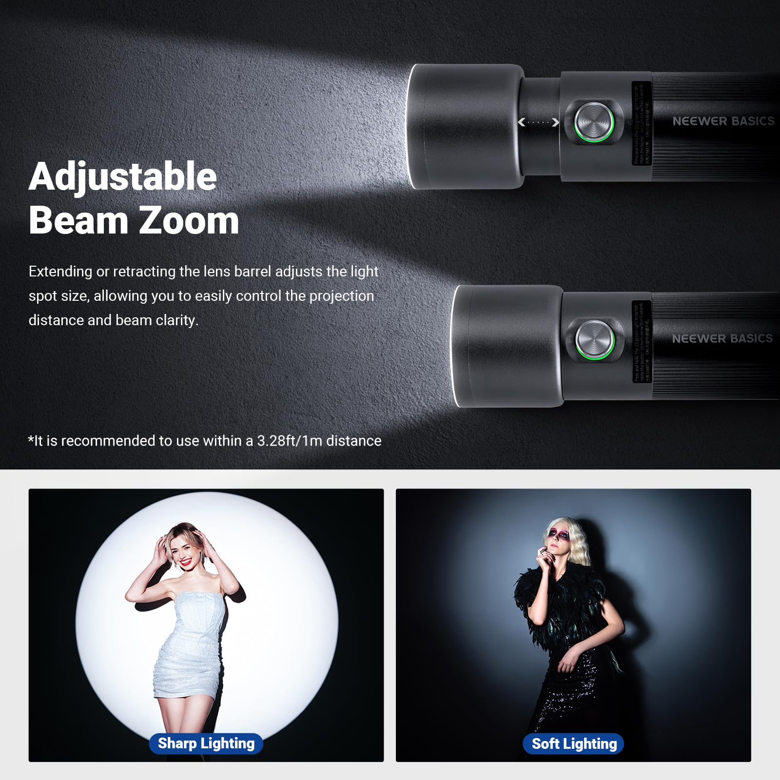 NEEWER BASICS latarka fotograficzna RGB ze statywem stołowym/4 kolorami/20 filtrów Gobo / 7500 mAh 10 W 6300 K CRI 95+ przenośny reflektor LED, światło punktowe, światło otoczenia do zachodu słońca