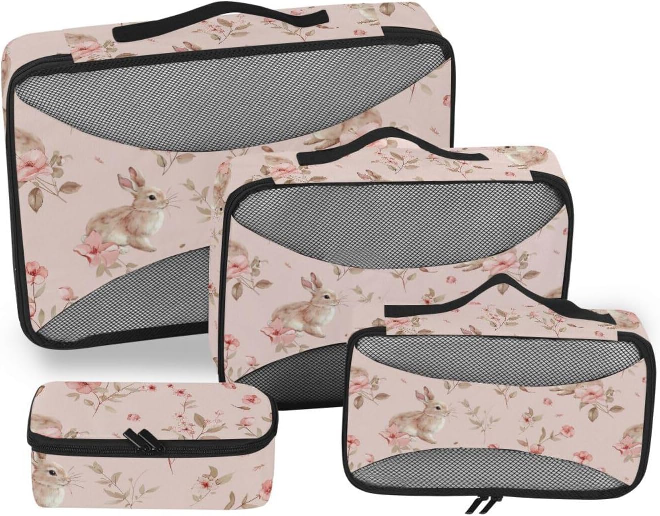 Rabbits and Flowers 4 Pcs set organizer for luggage Mesh Travel Essentials expandable set compression packing cubes