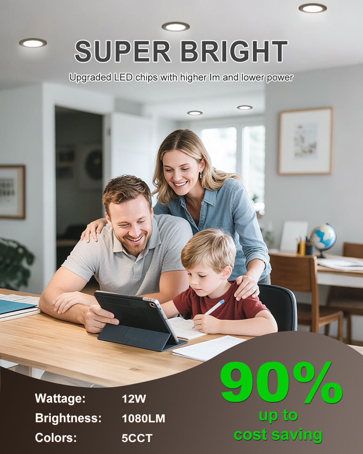 zouzai 6 Pack 6 Inch Black 5CCT Ultra-Thin LED Recessed Ceiling Light with Junction Box, 2700K/3000K/3500K/4000K/5000K Selectable, 12W Eqv 110W,Dimmable, led can Lights ETL and Energy Star Certified