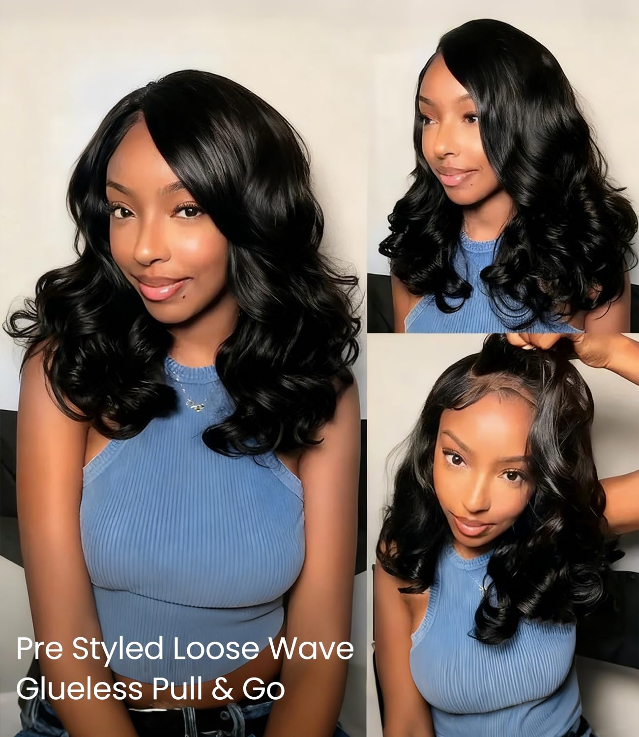 Ugrace Layered Cut C-Side Part Loose Wave Glueless Wigs Human Hair Pre Plucked Pre Cut 6×5 HD Lace With Baby Hair Pre Bleached Knots 200% Density Natural Black Wigs for Black Women 16Inch