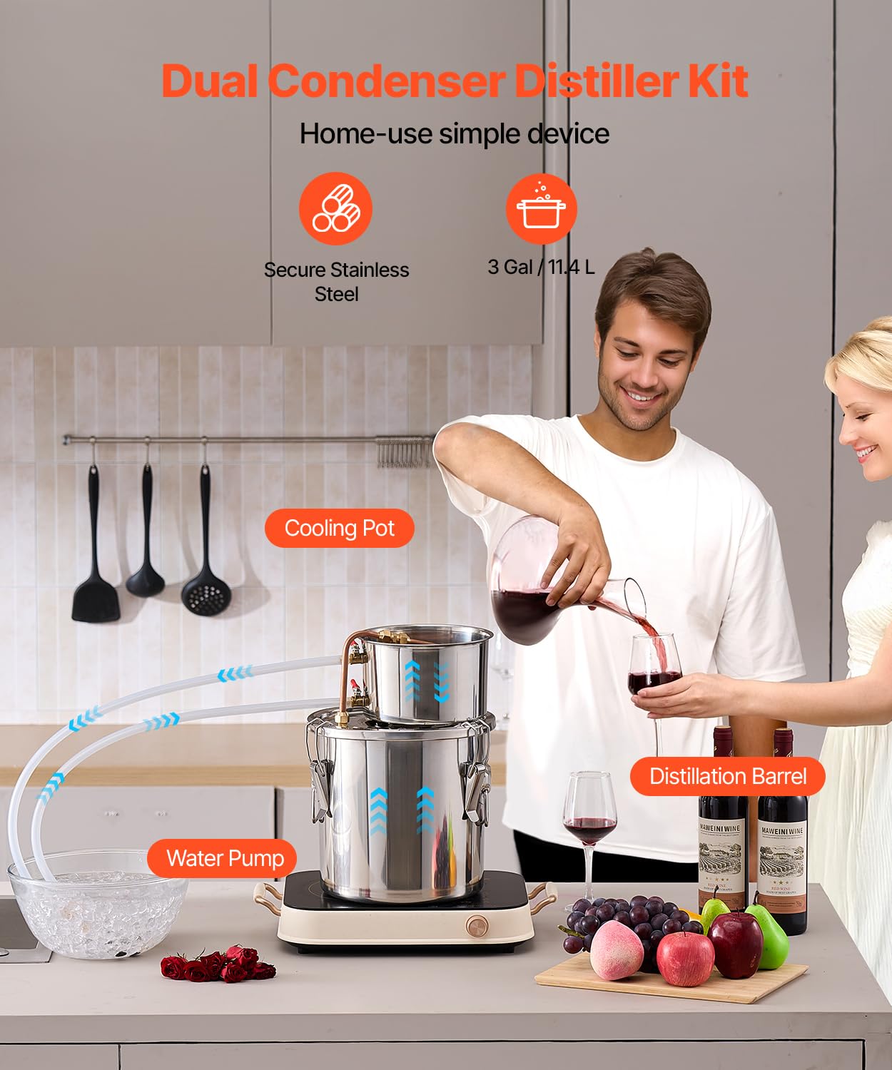 VEVOR Distillatore di Alcool 11,4 L Distillatore di Alcool Acqua in Acciaio Inossidabile con Bobina di Rame, Kit di Fermentazione per Raffinazione Birra Fatta in Casa con Termometro e Pompa, Argento