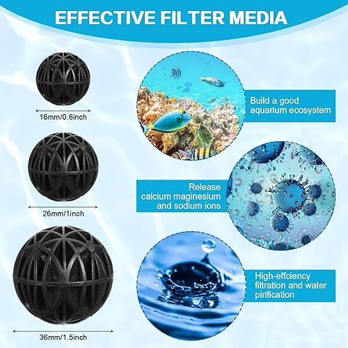 Miniatura 2 de Cunno 200 piezas de bio bolas para estanque, medios de filtro de acuario negro con esponja, 50 piezas cada una para 0.6 pulgadas y 1.5 pulgadas, 100