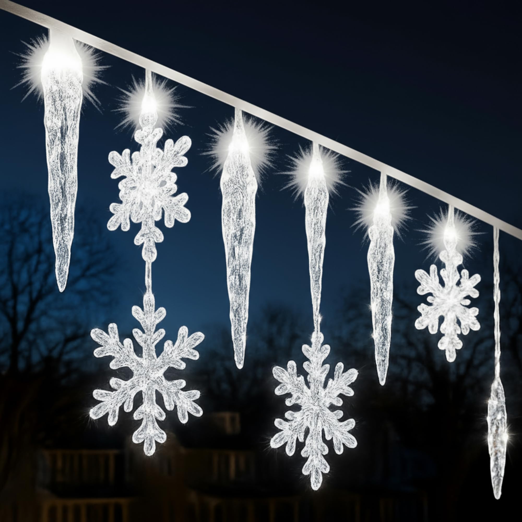 Glooglitter Rideau lumineux de Noël en forme de stalactites de 2,4 m, 129 LED pour extérieur, 19 gouttes, flocons de neige et stalactites pour jardin, cour, intérieur et extérieur