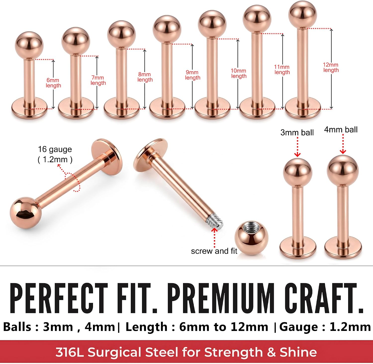 Rose Gold Anodized Top Ball with 16 Gauge 316L Surgical Steel Lip Labret - Tragus Bar Piercing - Labret Stud Helix - Tragus Piercing Jewelry