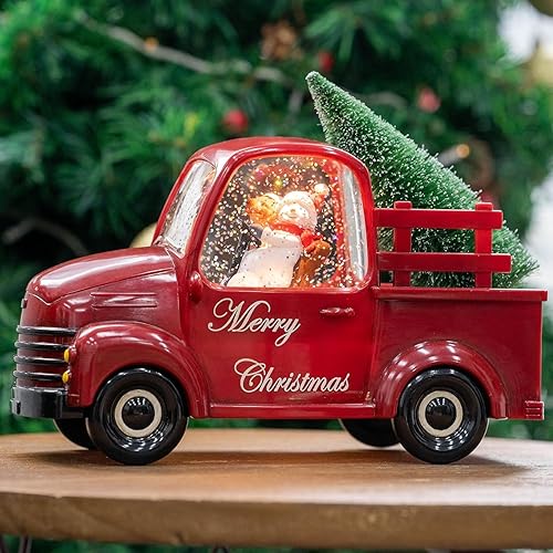 Xindian Globo de nieve de camión rojo musical con purpurina giratoria, muñeco de nieve y perro, árbol de Navidad, linterna de agua giratoria para