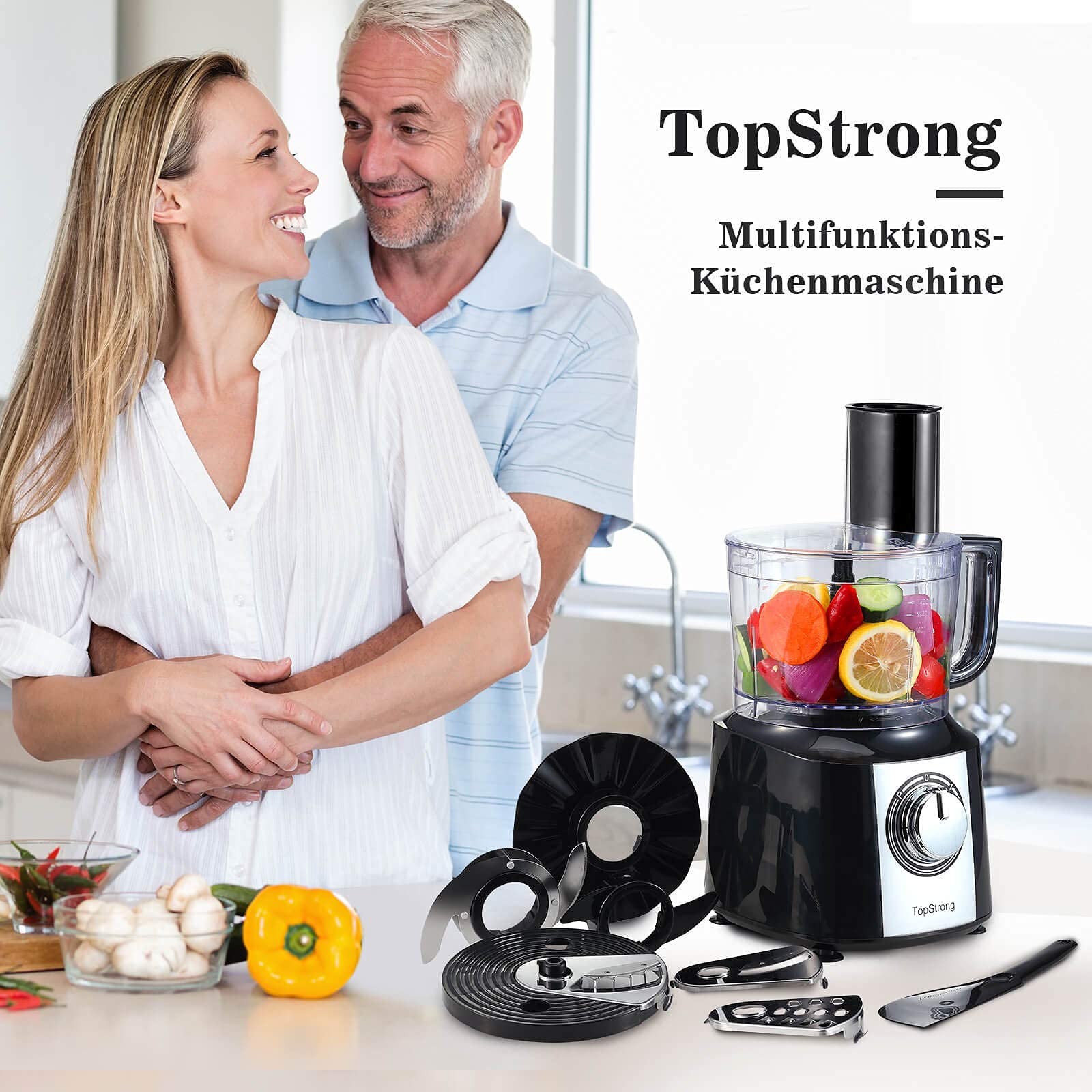 TopStrong Robot Multifonction, 6 en 1 Robot de Cuisine, 2L Robot Cuisine Multifonctions, Food Processor 800W, Robot Menager Multifonctions, Hachoir Mixeur