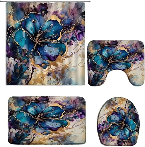 Miniatura 2 de Juego de 4 cortinas de ducha de mármol con alfombras, cubierta de tapa de inodoro y tapete de baño, juego de cortina de ducha abstracta de lujo azul