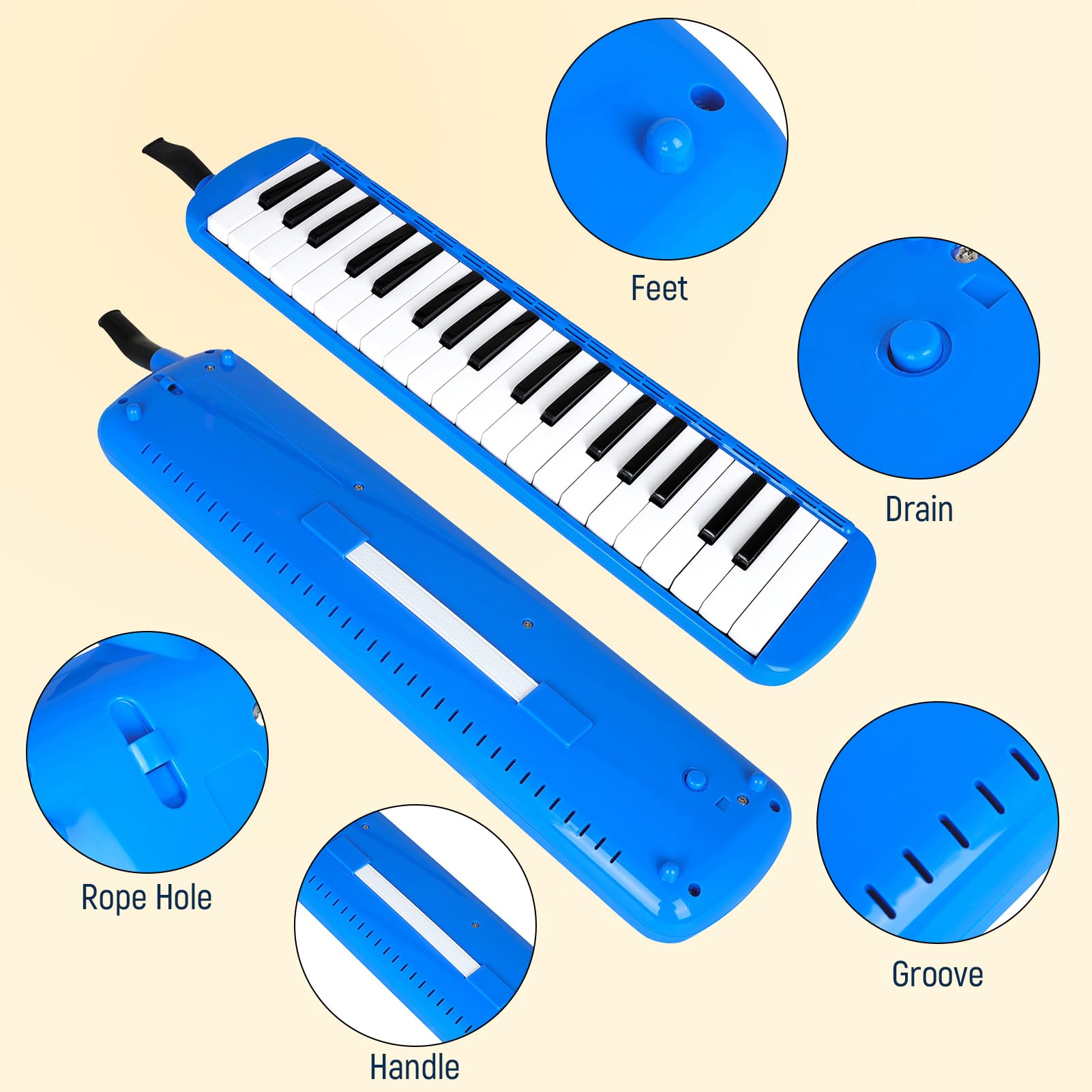 Naroote Mélodica 37 Touches, Clavier Air Piano à Double Tube avec Étui de Transport et Embouchures, Son Riche, Deux Options de Jeu, Instruments de Musique pour Enfants, Adultes (BLUE)