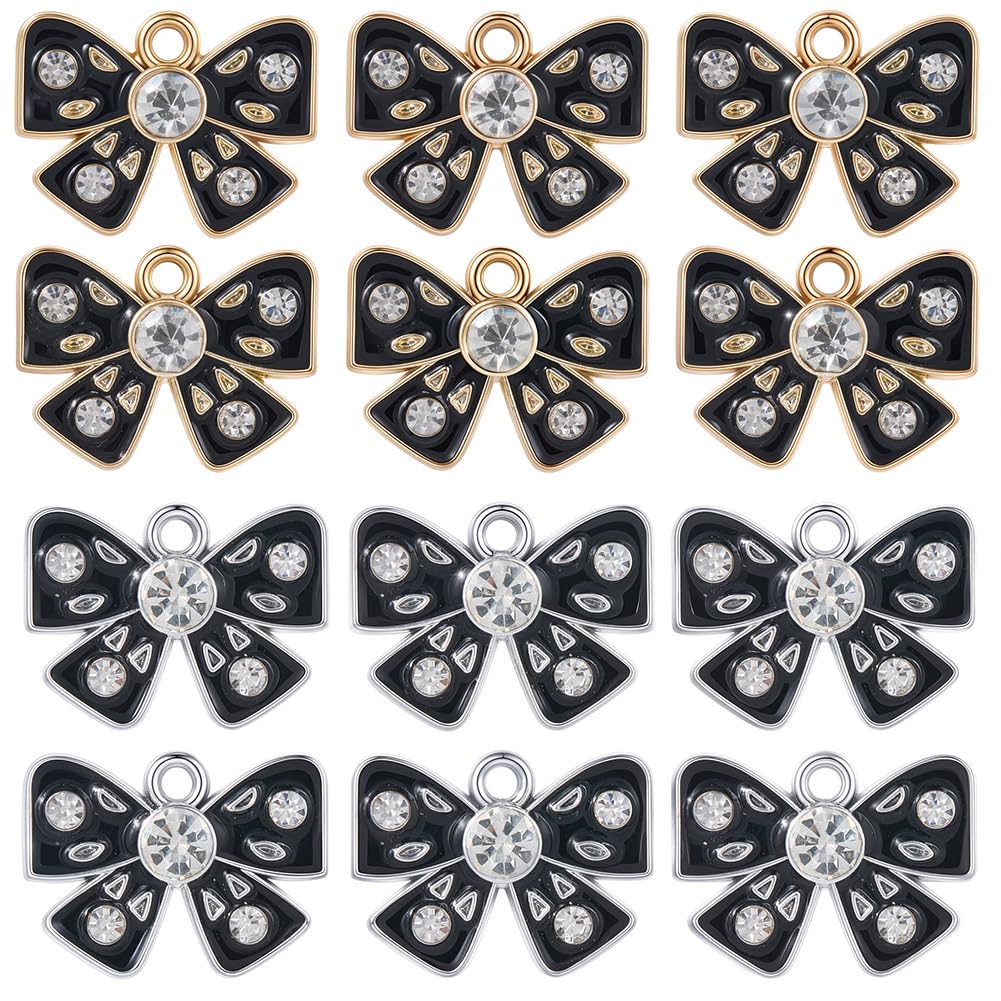 SUNNYCLUE 1 Box 32Pcs 2 Colors Enamel Charms Bows Bowknot Charms Bulk Rhinestone Alloy Black Silver Gold Coquette Bow Pendants for Jewelry Making