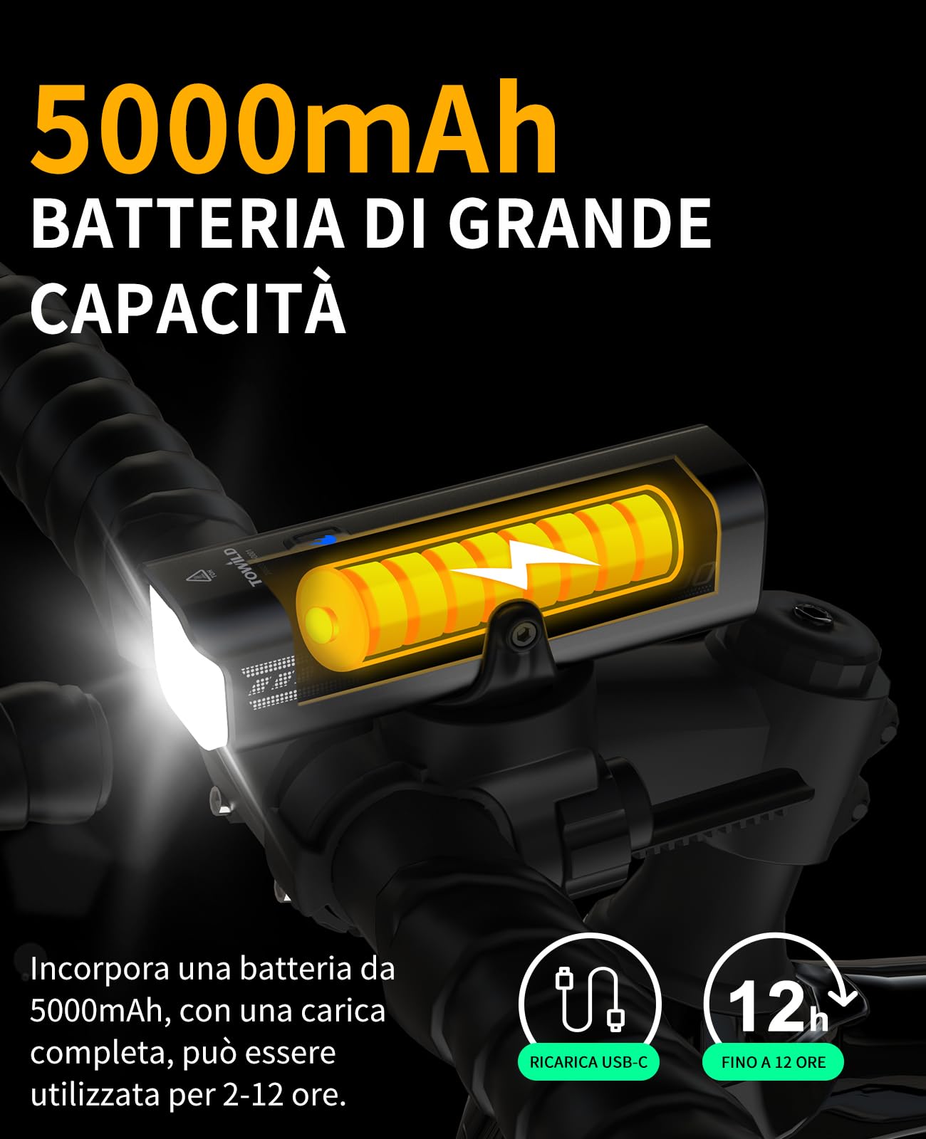 TOWILD CL1600 Lumière Vélo 1600 Lumens, Lampe Vélo Avant LED Rechargeable USB-C 5000mAh, Éclairage Vélo Étanche IPX6 5 Modes, Compatible Support Compteur Garmin/iGSPORT