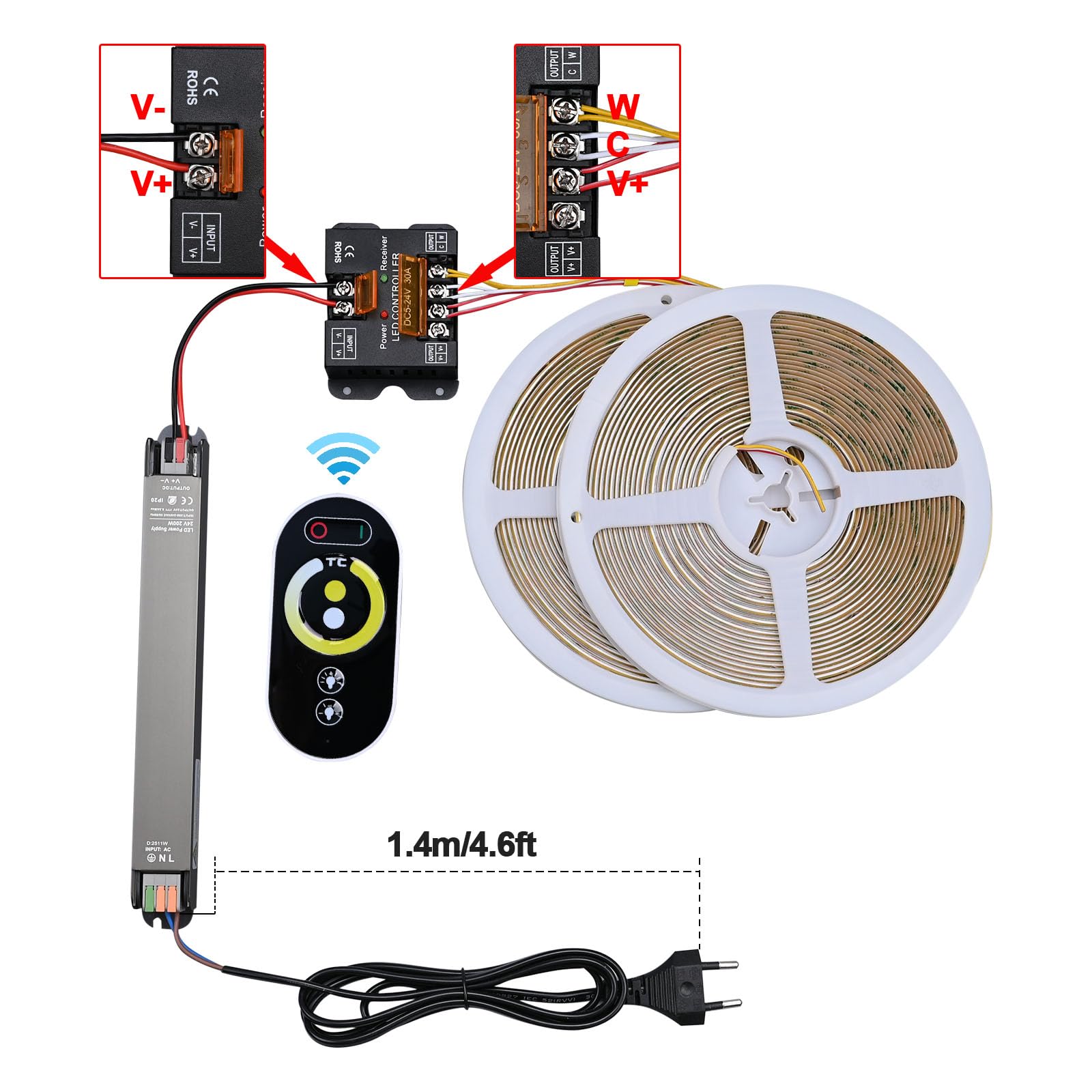GOMING 24V 20M(2 X 10M) CCT COB LED Streifen 2700K-6500K Weiß Einstellbar | LED Strip Mit 24V 200W Netzteil und Controller 576LEDs/M CRI 93+ Flexible IP20 Nicht Wasserdicht LED Band für Heim Deko
