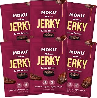 Moku Plant-Based Mushroom Jerky, Korean BBQ (3 Pack) Vegan Beef Jerky, Gluten Free, Soy-Free, Non-Gmo Vegan Snacks, Vegan Meat No Artificial Sweetener Vegan Food, Healthy Snacks, 2.0 Oz Ea (Korean
