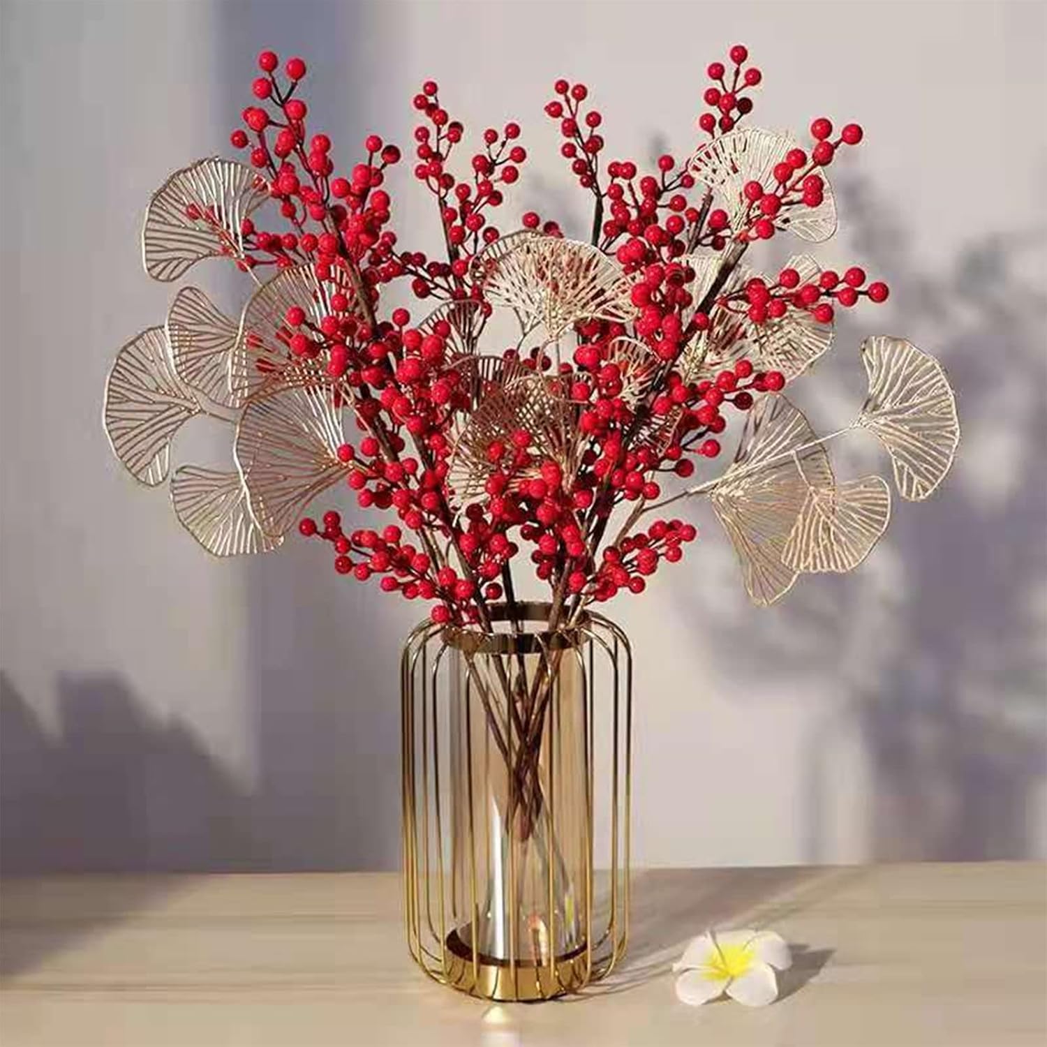 Christmas Winter Artificial Red Berry Twig Stem Arrangement with Gold Leaves for Chinese New Year Tree Wreath Holiday Festival Home Decorations (12pcs Berry(Long) 4pcs Leaves)