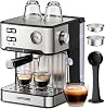 KOMORE Espresso Machine 20 Bar Stainless Steel Coffee Maker 1.6L Removable Water Tank Warm Cup Area Coffee Machine With Milk Frother for Cappuccino, Latte 3 Modes