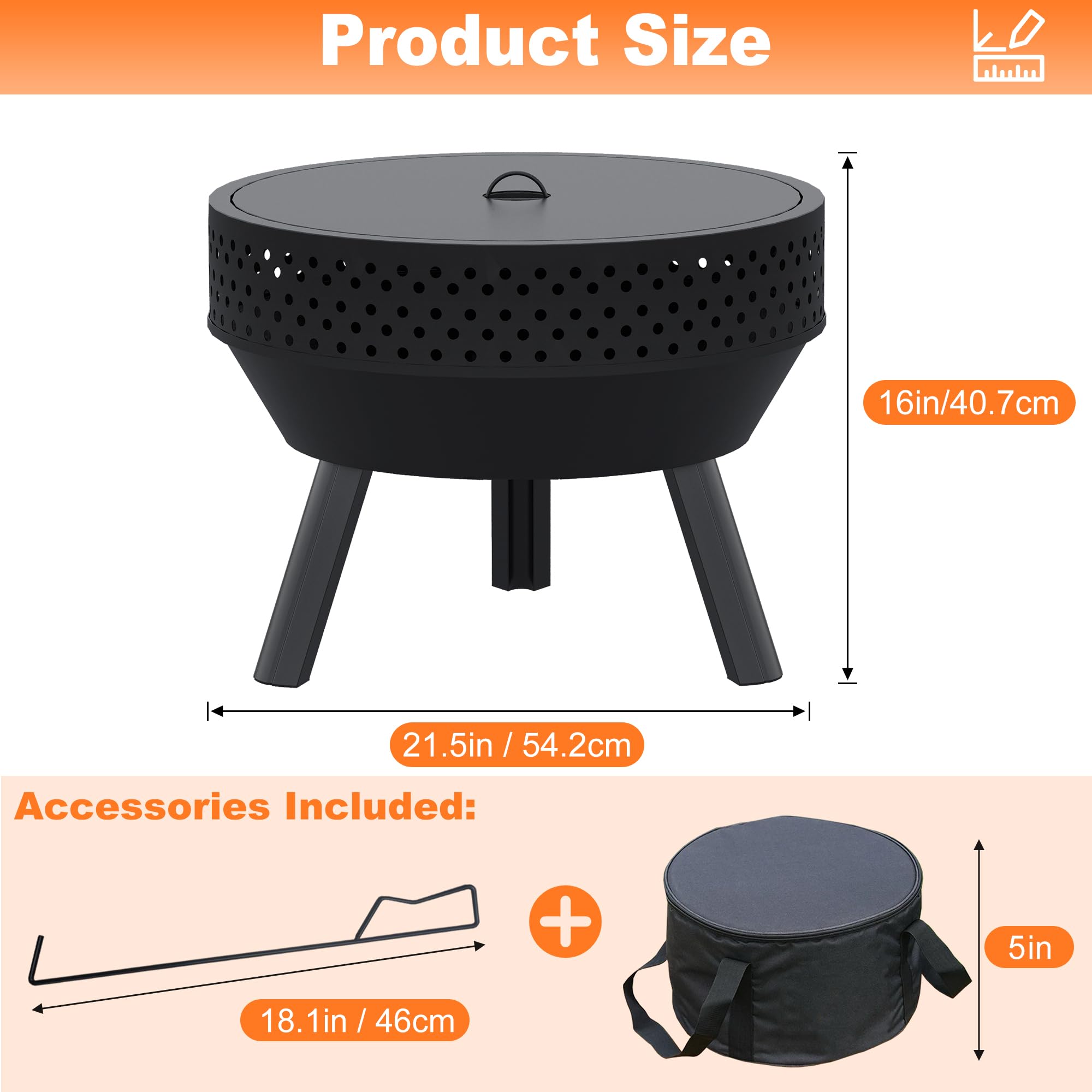 Braciere da Esterno 21 Pollici con Griglia, Braciere da Giardino Versatile Portatile a Legna con Borsa Impermeabile e Attizzatoio, Focolare da Esterno, Falò e Campeggio, Ciotola per Barbecue