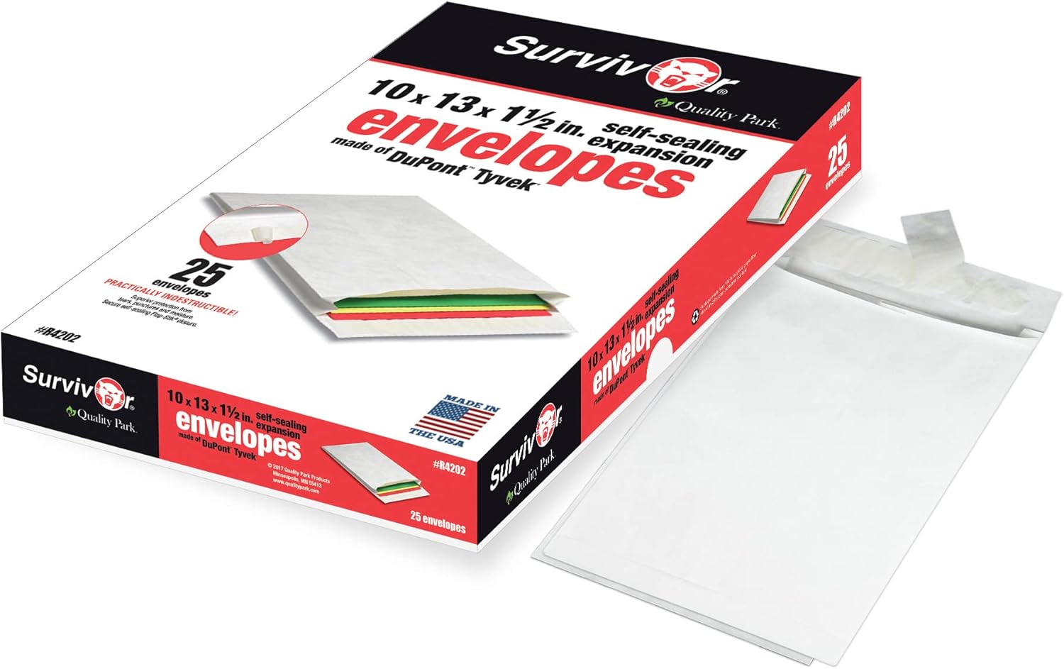 Quality Park Tyvek Envelopes, 25 Pack, Large 10 x 13 Mailers, 2 Inch Expansion, Rip, Puncture & Water Resistant Self Sealing Mailing Bags for Lightweight Shipping, White