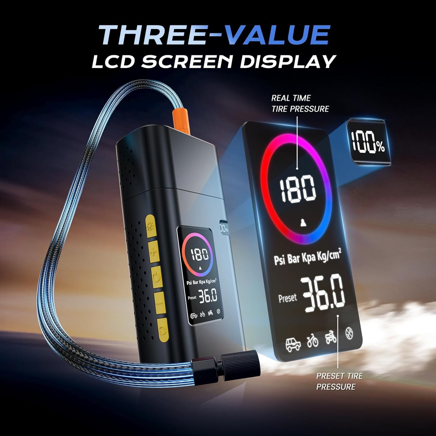 180psi Tire Inflator Portable Air Compressor,26000mah Air Pump For Car Tires,5x Fast Bicycle Pump With Digital Lcd Pressure Gauge/Led Light/Power Bank, Bike, Motorcycle（Black)