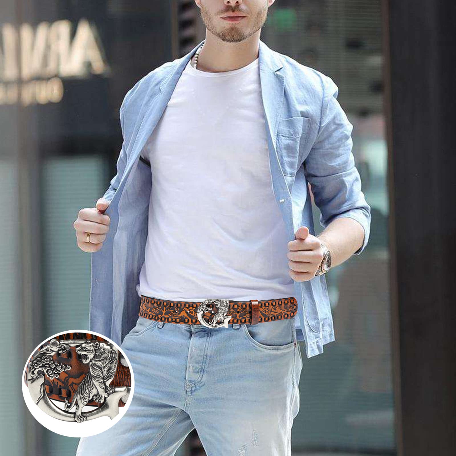 Gris, 105 cm/41,3 po, ceinture en cuir véritable pour homme, ceinture rétro avec boucle de tigre en relief, ceinture pour jeune homme
