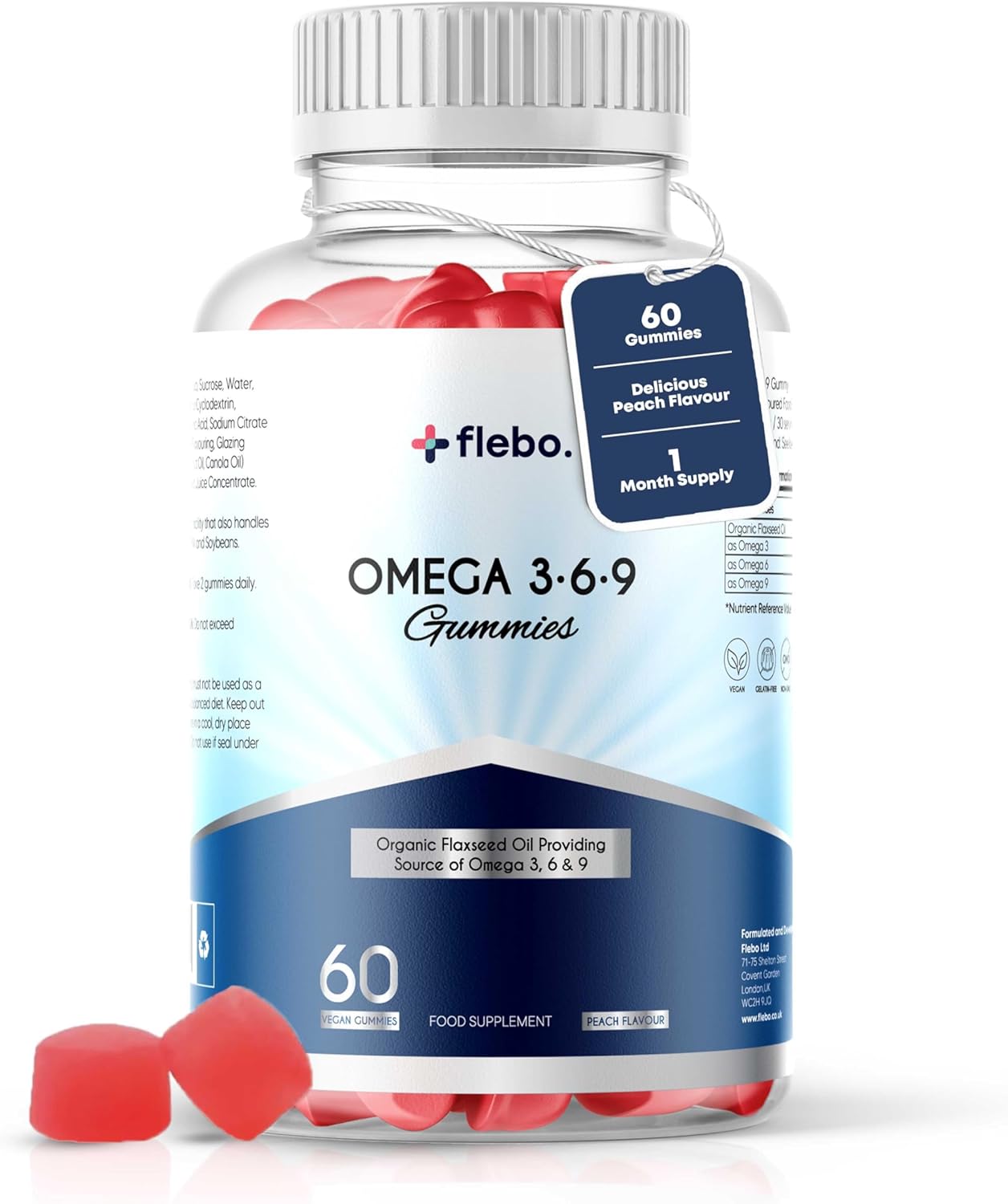 Flebo Vegan Omega 3 6 9 Gummies Fatty Acids Supplements for Adults – 60 Count – High Strength Fish Oil Alternative – Vegetarian, Derived from Flaxseed Oil – Supports Heart, Brain, Liver & Eye Health