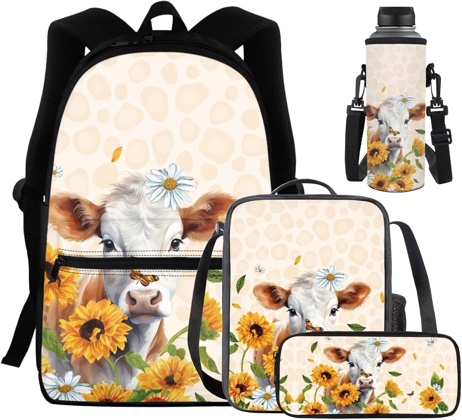 Cow Sunflower Backpack for Girls Butterfly Daisy School Backpack Set with Lunch Box Pencil Case Water Bottle Holder Trendy Backpack 4 in 1 Set for Teens Elementary School Students Gifts