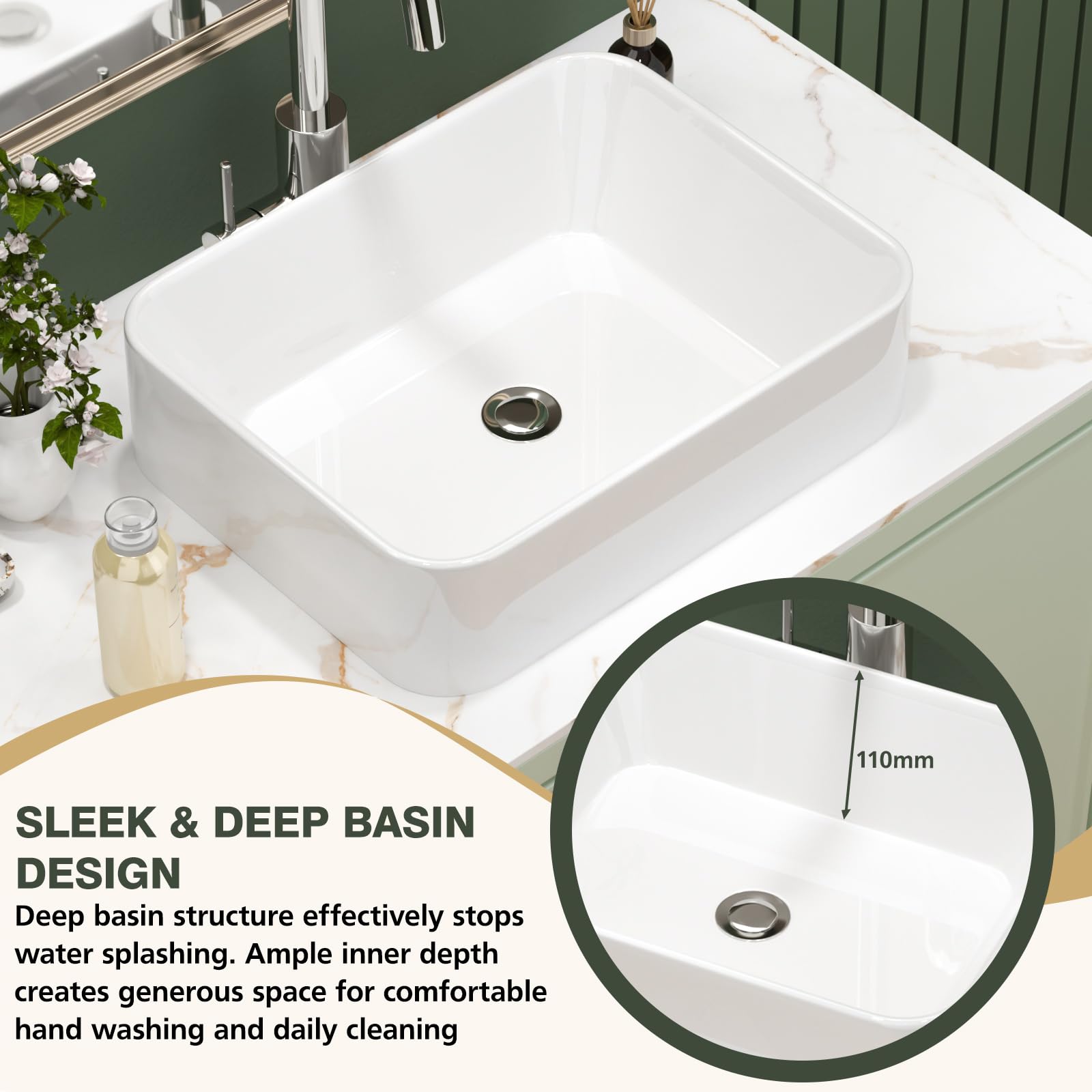 Sarlai Fregadero de cerámica para cuarto de baño, moderno, pequeño, compacto, de porcelana, sobre encimera, diseño clásico, color blanco brillante, rectangular, 485 x 380 x 130 mm
