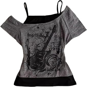 Women's Vintage Emo Grunge T Shirts Y2K Fake 2 Piece Guitar Graphic Baby Tee Gothic Short Sleeve Off Shoulder Crop Top Alt Aesthetic Streetwear Punk Harajuku