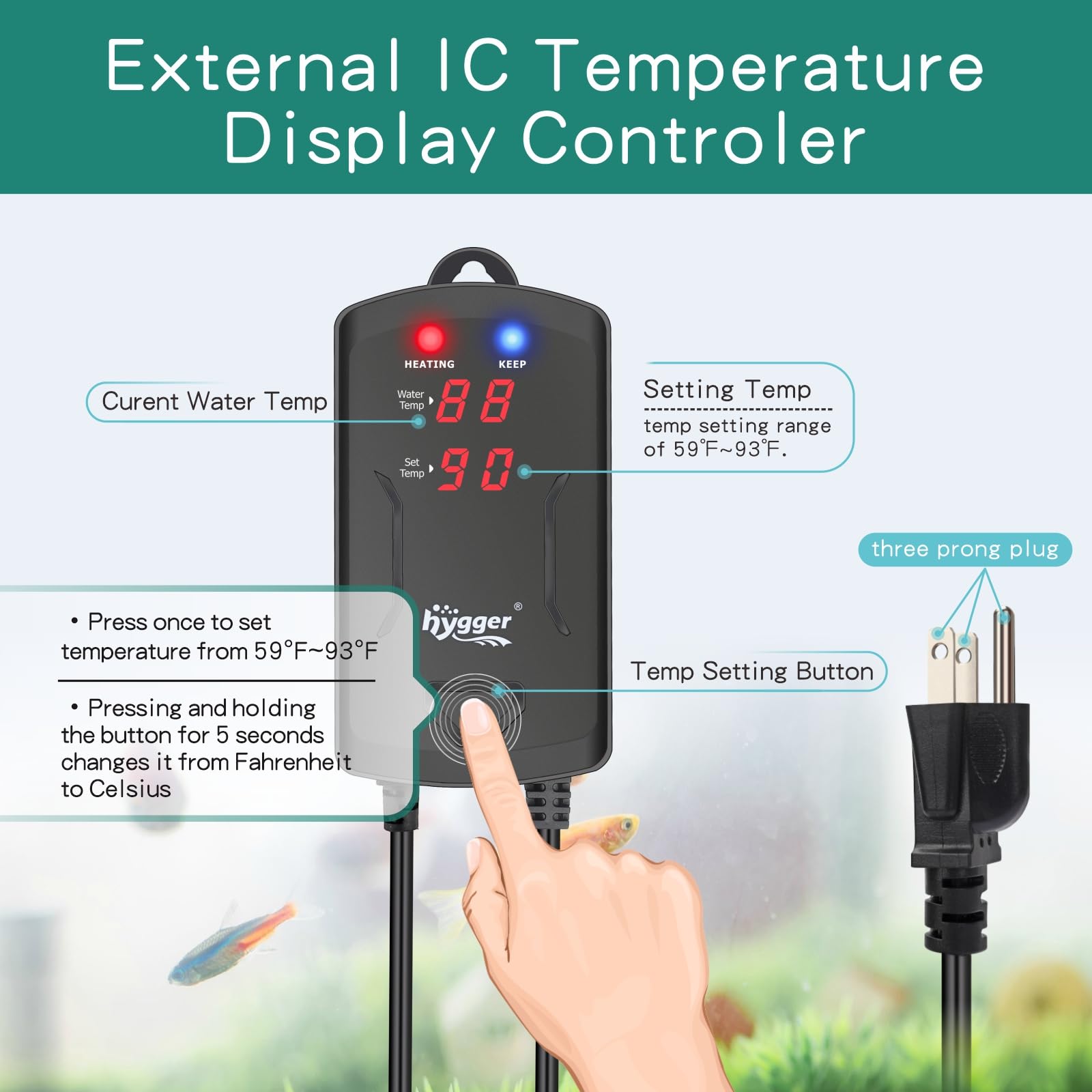hygger Calentador sumergible para acuario con controlador externo y pantalla LED, calentador de tanque de peces totalmente sumergido de 200 W para agua dulce y salada, para tanques de 25 a 50 galones