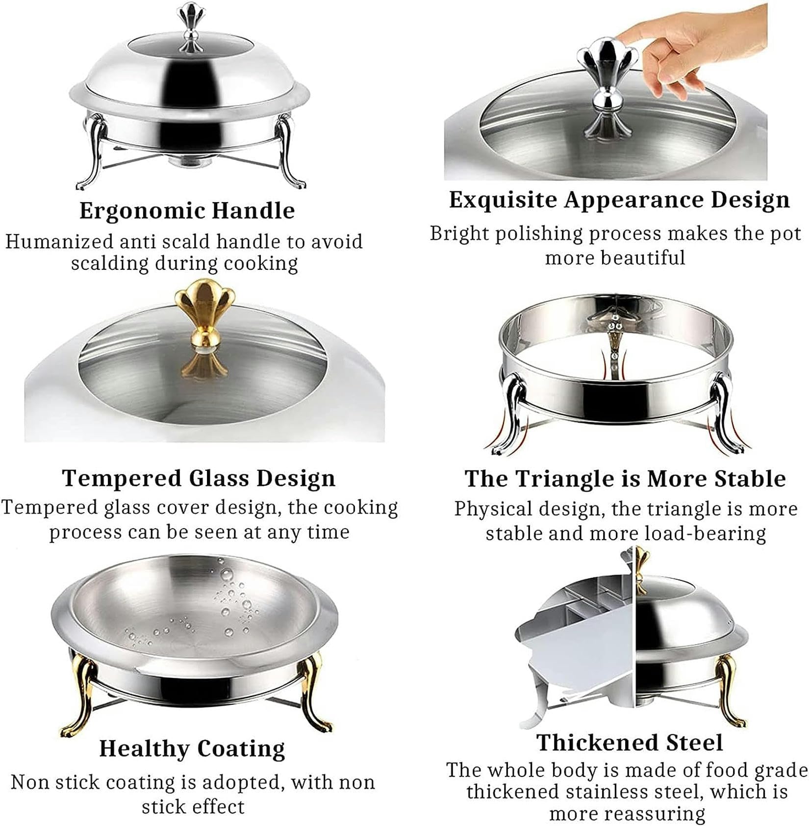 Juego de platos de acero inoxidable con bandeja para alimentos, soportes de combustible y tapa para catering, cocina, fiesta, comedor, buffet, redondo, calentador de alimentos