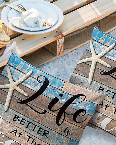 Miniatura 2 de Juego de 2 fundas de almohada de verano para exteriores, con texto de vida oceánica, diseño de estrellas de mar, impermeables, decorativas, fundas