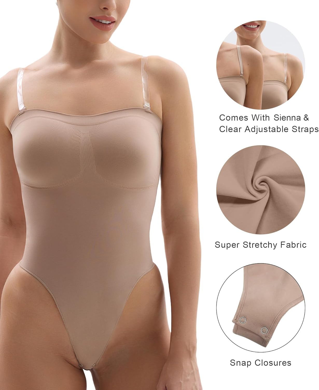 SHAPERX Strapless Shortie Bodysuit for Women Tummy Control Shapewear Seamless Body Shaper with Removable Straps - Image 3