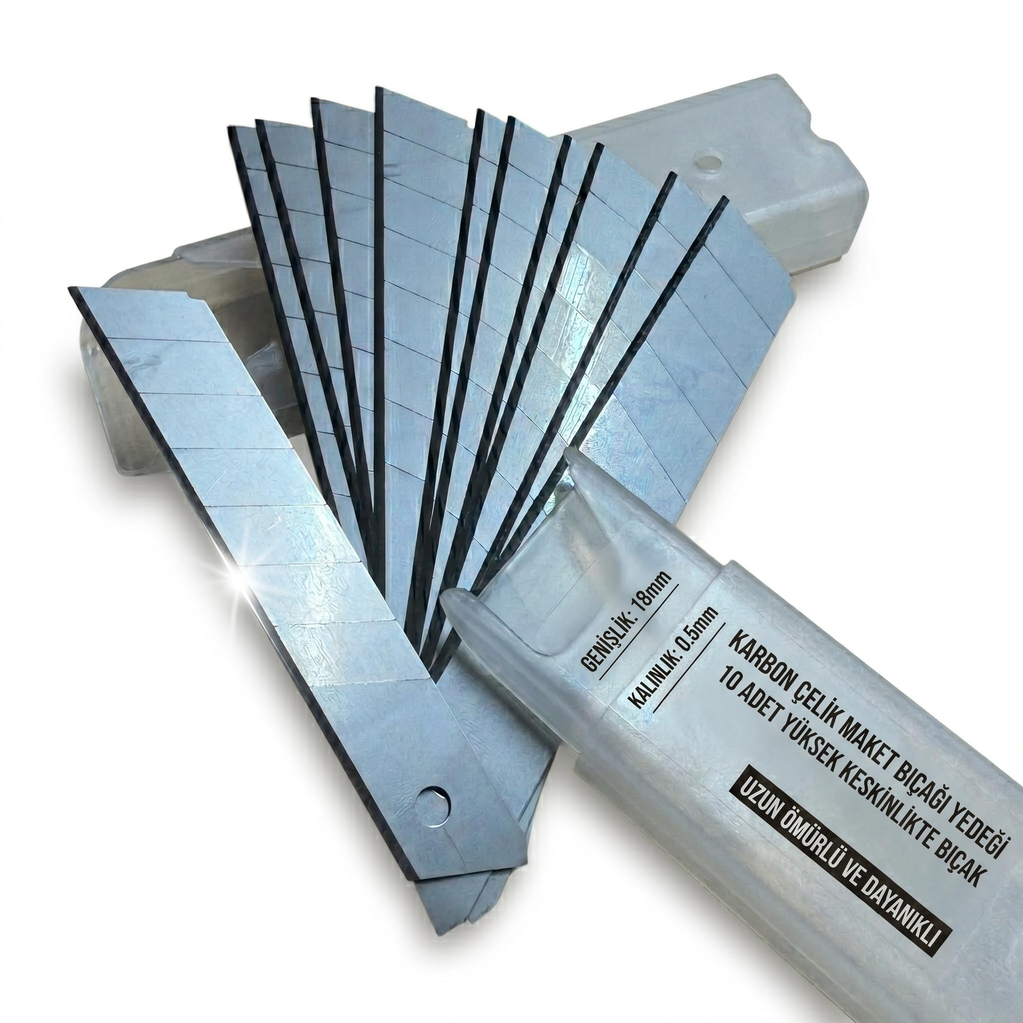 Maket Bıçağı Yedek Ağzı, Karbon Çelik, 18mm Genişlik, 0.5mm Kalınlık, 3 Aşamalı Bilenmiş Kenar, 10'lu Paket