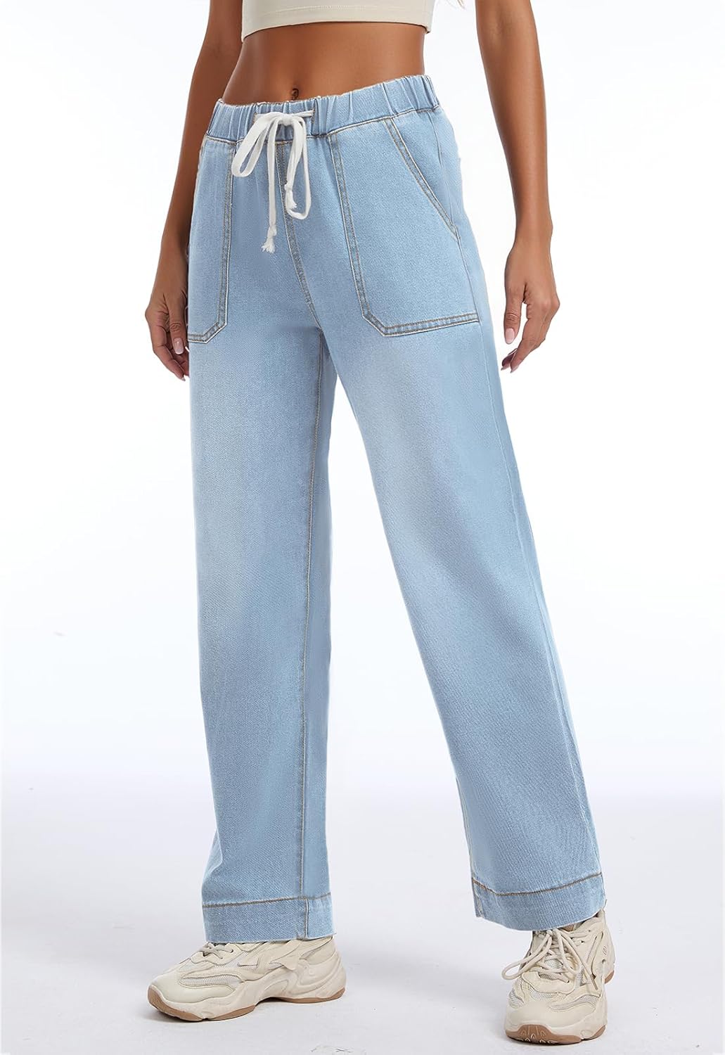 Metietila Pull-on Jeans for Women Straight Leg Elastic Waist Jeans Stretchy Loose High Waisted Denim Pants with Drawstring - Image 3