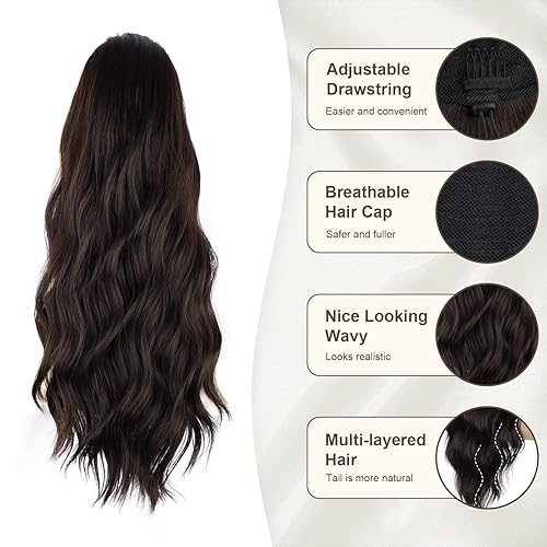 Miniatura 5 de FREEMEIGE Extensión de cola de caballo, extensiones de cola de caballo con cordón, 22 pulgadas de largo, rizadas, onduladas, extensiones de cabello