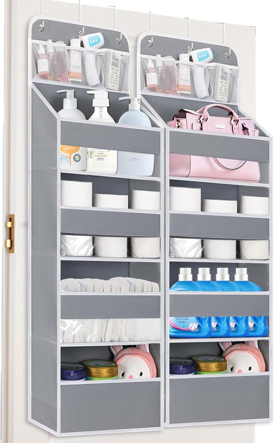 2 Pack Over the Door Organizer with 4 Large Capacity Pocket, 55lb Load Heavy Duty Kid's Room Organizer for Diaper Toys Behind Door Hanging Organizers for Bathroom Nursery Baby Closet Organizer