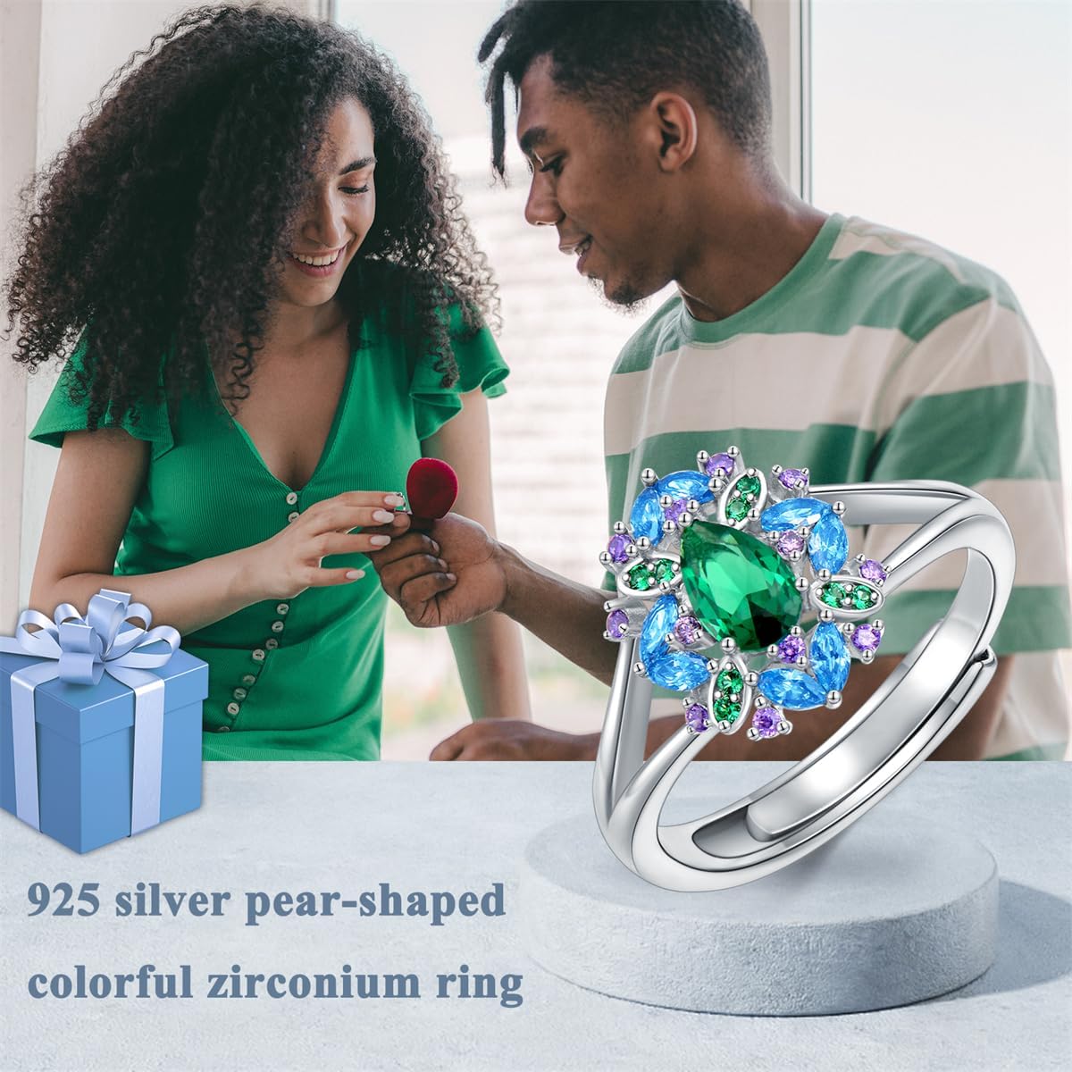MultiColor Gemstone Rings for Women 925 Sterling Silver Simulated Emerald Statement Rings for Ladies - Image 5