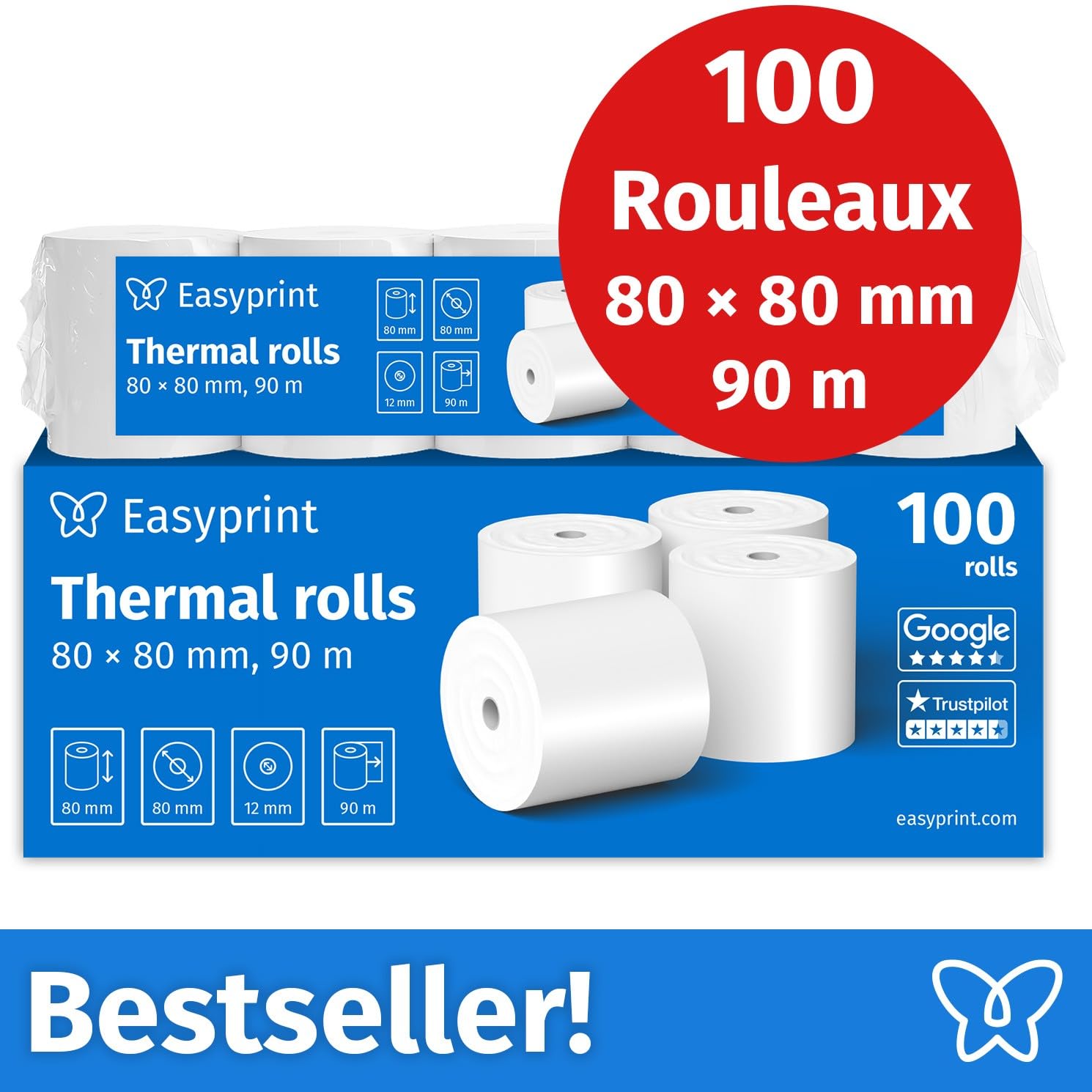 NEU: Easyprint Thermorollen/Kassenrollen, 100 Rollen, 80mm x 80mm x 12mm, 90m, Testsieger, PEFC zertifiziert, für EPSON, IBM u.v.m