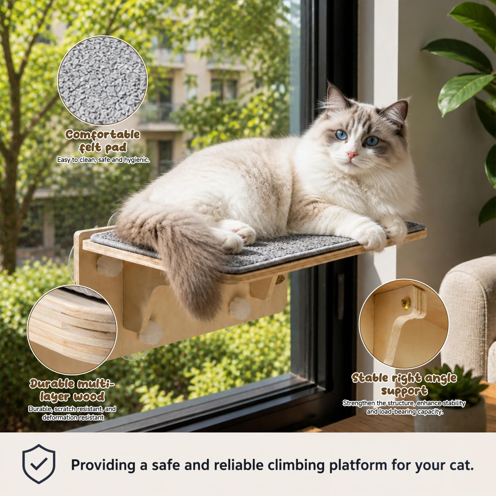 Katzen Fensterliege, Faltbare Katzenhängematte für Fenster, Katzenbett Fenster mit Starke Saugnäpfe, Katzenschaukel mit Abnehmbarem, Waschbarem Filzunterlage für Hauskatzen