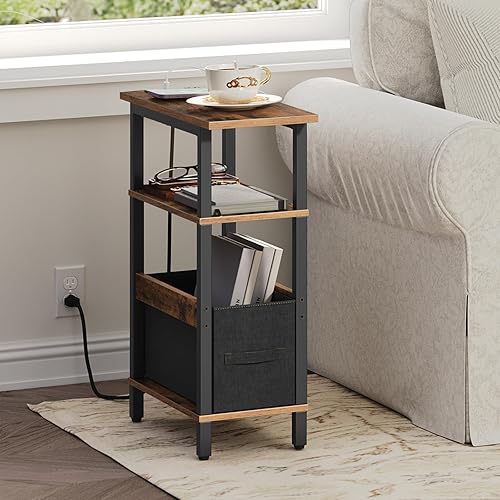 Miniatura 7 de Mesa auxiliar estrecha con estación de carga, mesa auxiliar delgada con almacenamiento de tela, mesita de noche delgada para espacios pequeños,