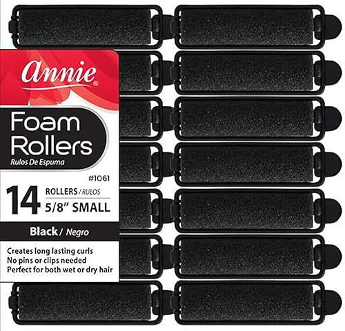 Annie - Rodillos de pelo de espuma pequeños estilo salón - (58") Negro - (14) piezas - Herramientas suaves para rizar el cabello sin calor