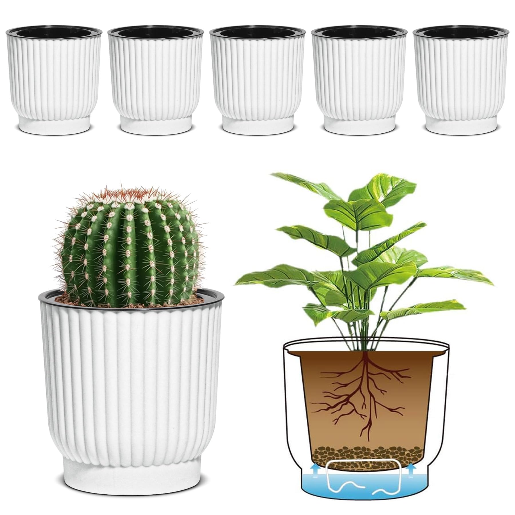 Selbstbewässernde Töpfe Set – 6 Stück, 9,9 Cm, Mit Docht & Wasserreservoir Für Sukkulenten, Veilchen, Zimmerpflanzen