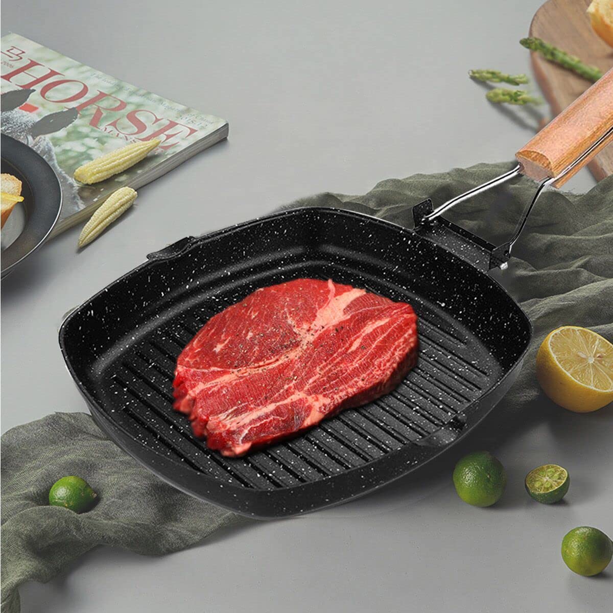 MasonOL20 Sartén antiadherente con mango plegable para carne, pescado y verduras para todas las fuentes de calor 9.4 in/9.4 pulgadas para estufas, inducción, negro 5