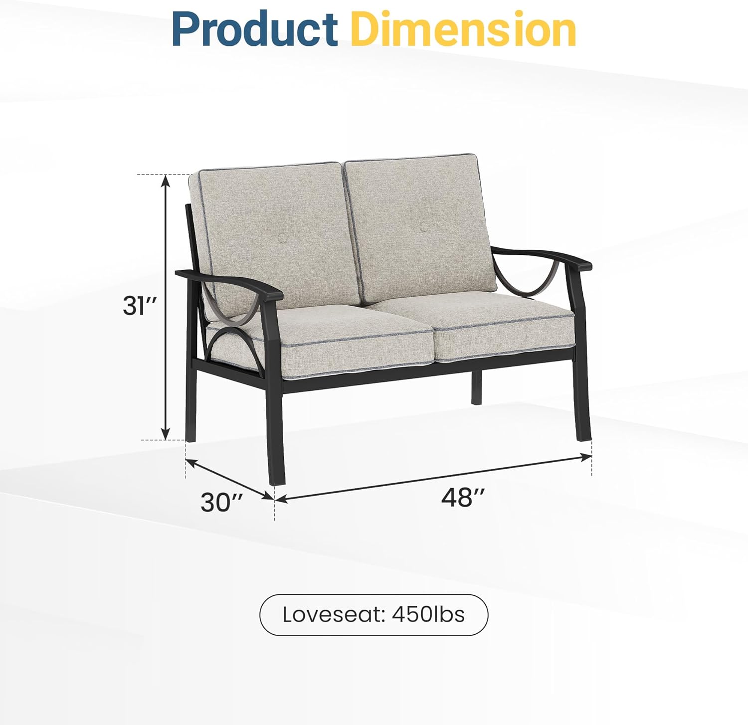 RoyalCraft Patio Loveseat, All-Weather Outdoor 2 Seats Sofa Couch, Black Metal Furniture with Gray Cushions