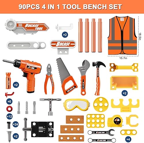 Miniatura 2 de Banco de herramientas para niños, banco de trabajo de juguete con caja de almacenamiento, juego de herramientas para niños 4 en 1 con taladro