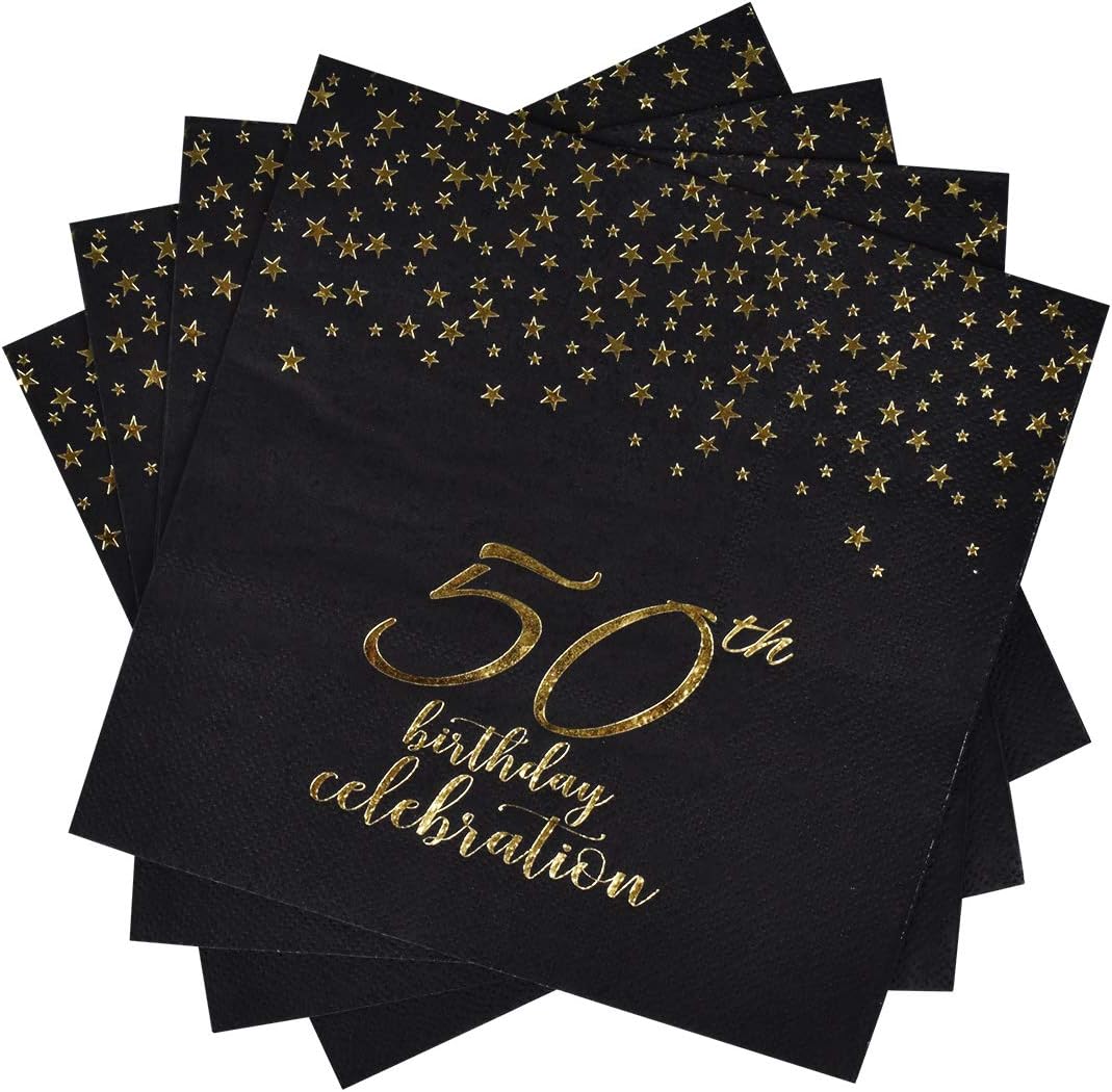 Gatherfun 50th Birthday Napkin Disposable Paper Napkins Black and Gold Party Decorations Tableware for Men Woman 50 Birthday Party（6.5X6.5in, 3-Ply, 50-Pack)