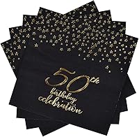 Vista 1 de Gatherfun 50th Birthday Napkin Disposable Paper Napkins Black and Gold Party Decorations Tableware for Men Woman 50 Birthday Party（6.5X6.5in, 3-Ply