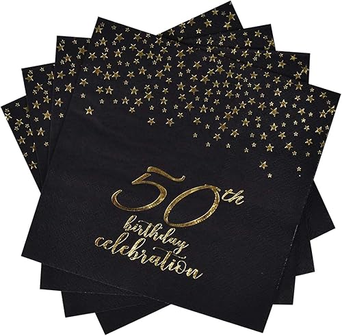 Gatherfun 50th Birthday Napkin Disposable Paper Napkins Black and Gold Party Decorations Tableware for Men Woman 50 Birthday Party（6.5X6.5in, 3-Ply,